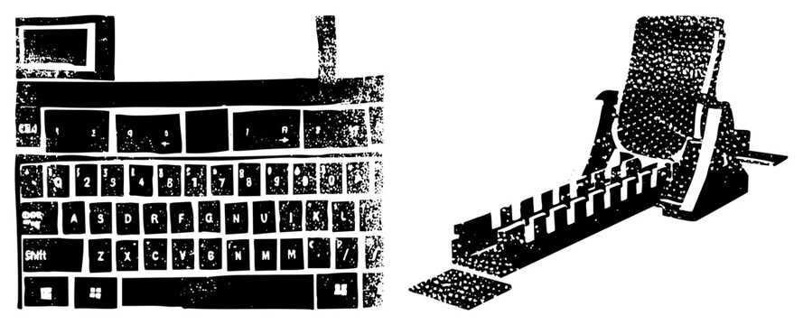 Classic mechanical typewriter with keys and carriage, contrasted with contemporary computer keyboard, retro tech, digital vs analog input devices, office nostalgia.