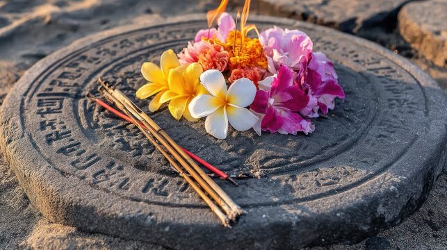 Hindu temple still life offering: handmade canang sari with colorful plumeria flowers and incense on a carved stone platform
