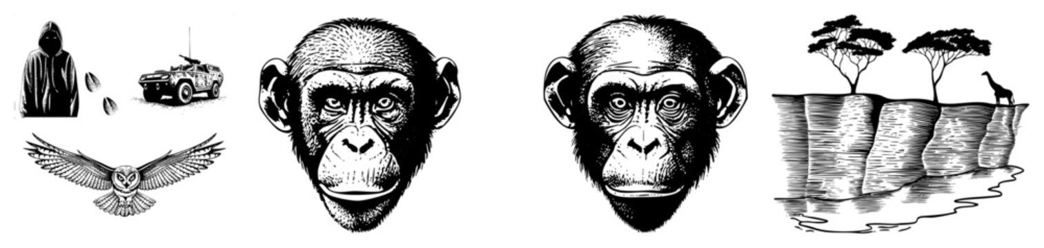 Close up chimpanzee face, primate portrait, expressive eyes, detailed fur texture, black and white illustration, wildlife art, animal head.