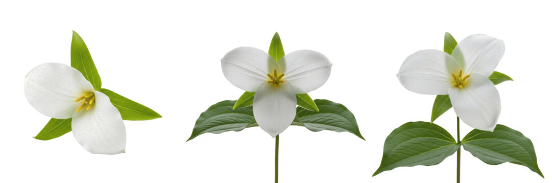 Fresh white trillium flowers with green leaves isolated on white background, rare woodland botanical forest lilies for nature design