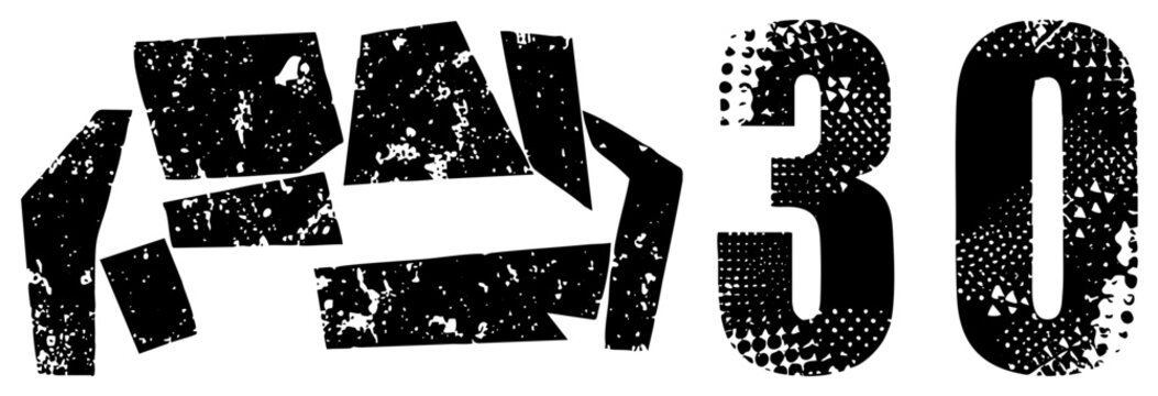 Distressed black typography &ldquo;30&rdquo; with halftone and speckled textures, graphic numeral, abstract letterform, vector art, gritty digital font.
