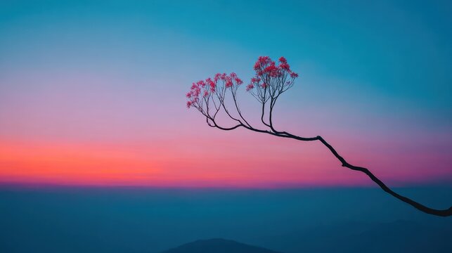 Silhouetted lone sapling bending over a gradient sunrise horizon