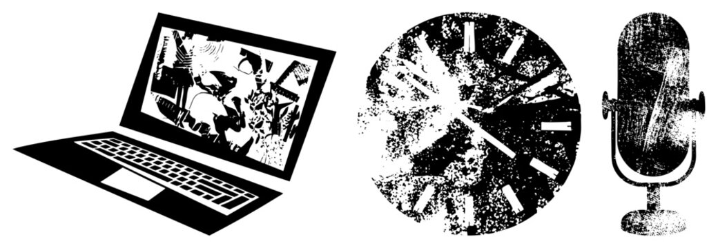 Digital device showing anime scene, analog timepiece with distressed texture, classic microphone on stand vector trio for creative projects.