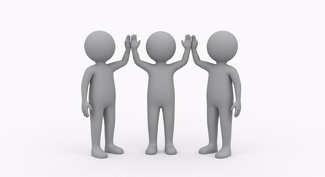 Three grey humanoid figures high fiving each other