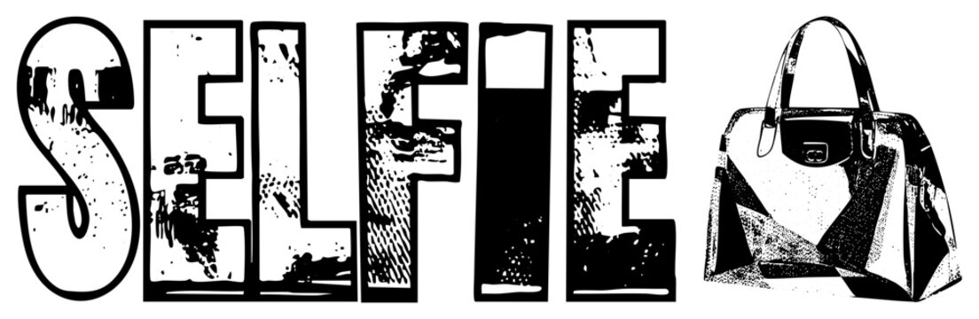 Graphic design featuring &ldquo;SELFIE&rdquo; in distressed block letters alongside a geometric handbag, both rendered in halftone black and white vector art.