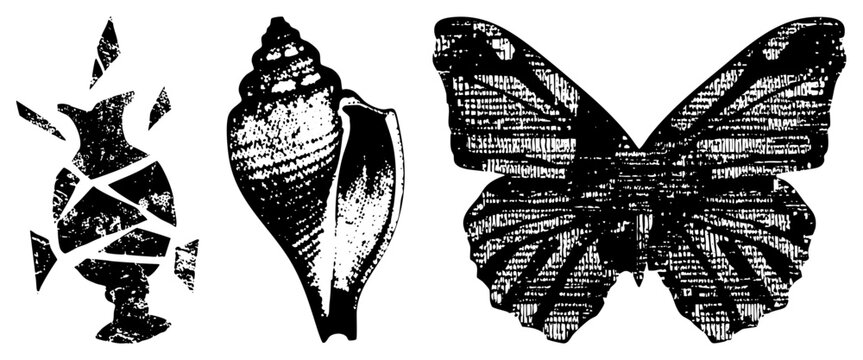 Three black and white vector broken vase with, spiral, and textured butterfly wings all in halftone dot style, ideal for print or digital design projects.