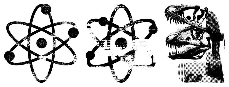 Retro science with distressed atomic structure, halftone dinosaur skull, vector graphic, isolated elements, scientific motif, design.