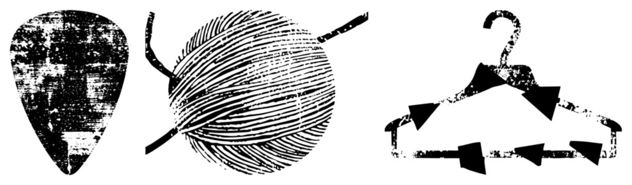 Retro stylized guitar pick, yarn spool, and hanger with distressed texture, design, flat vector art for creative projects.