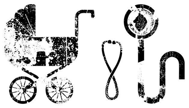 Grunge texture baby stroller, stethoscope, and thermometer, distressed vector art, healthcare and parenting symbols, design.