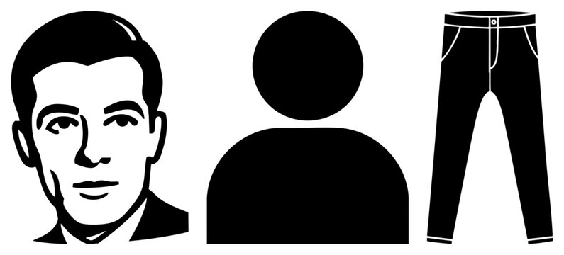 Minimalist black vector male face, generic user symbol, denim jeans. Flat design for UI, web, or graphic assets. Vector style with clean shapes.