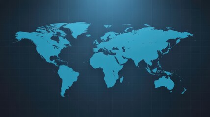 Naklejka premium Digital representation of the world map rendered in bright blue against a dark grid background signifying global connections and data.