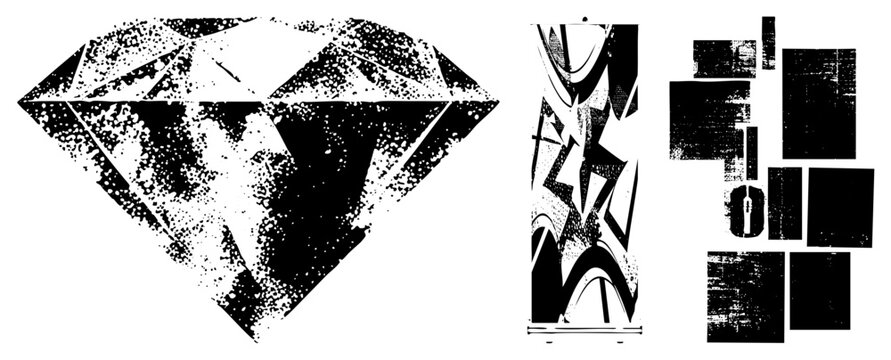 Stylized diamonds, banners, fragmented rects in halftone dots. Bold black/white vector art. Ideal for print/digital.