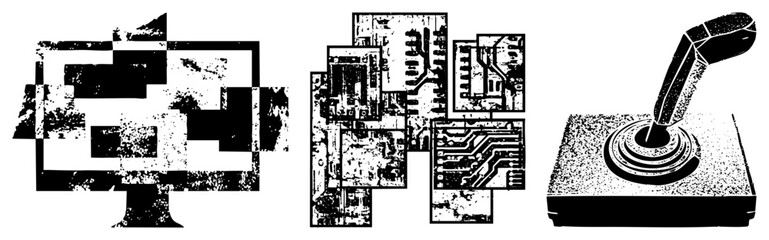 Obraz premium Classic gaming joystick and old school computer monitor, surrounded by fragmented circuit boards, pixelated retro tech, nostalgic digital hardware.