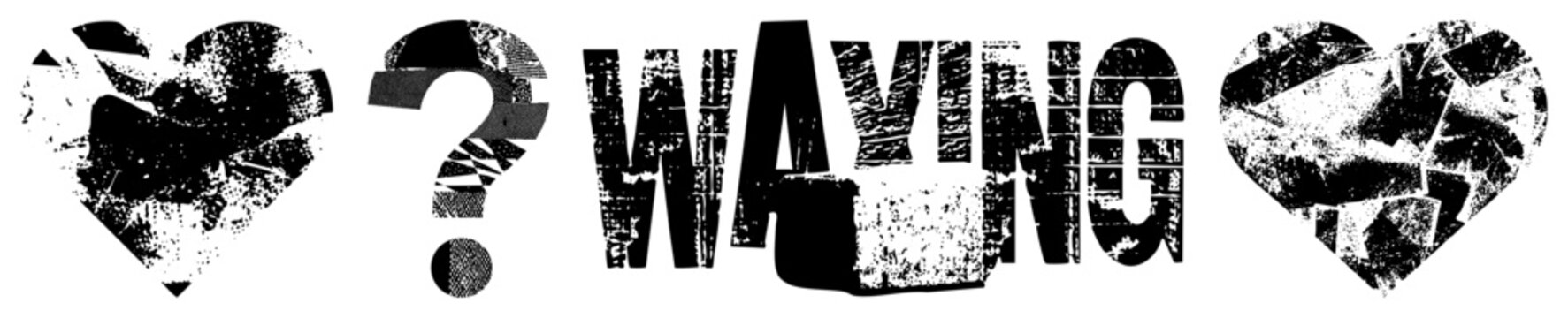 Graphic composition with fragmented and question mark, distressed typographic word "WAYING", glitch art style, bold stencil font, vector design.