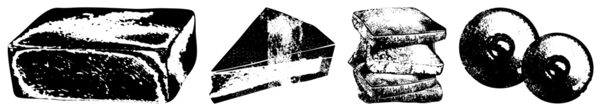 Abstract geometric forms rendered in high contrast, halftone texture, vector art, isolated shapes, graphic design elements, flat silhouette style.