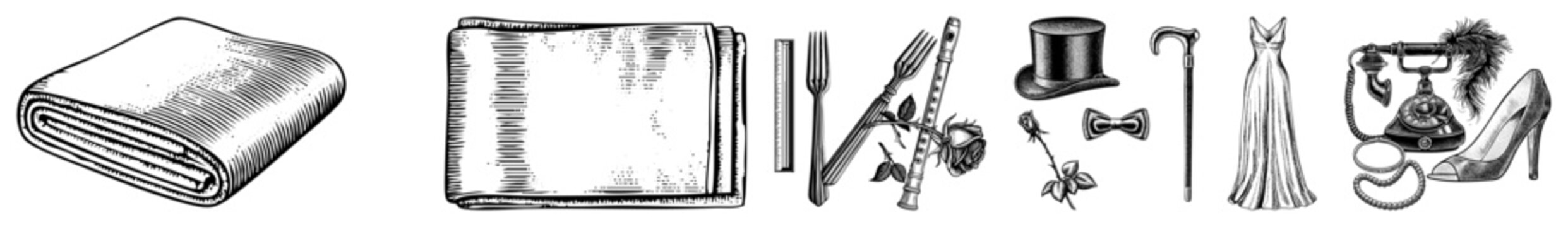 Classic 1920s flapper fashion set with feathered phone, high heels, bow tie, rose, and cane, vector illustration, retro style, isolated elements.