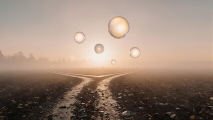 Fototapeta premium Mystical sunrise over a foggy landscape with floating orbs.