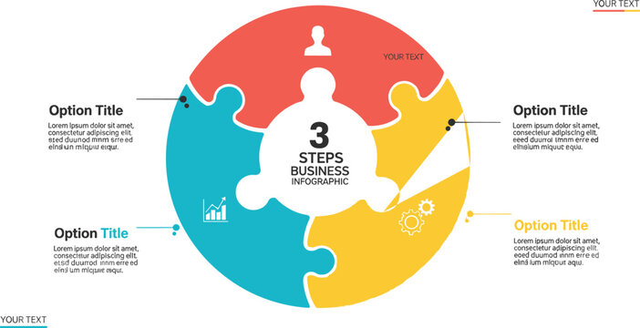 Circular puzzle infographic vector template for three step business process comparison analysis and presentation design visualization