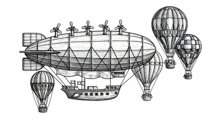 Vintage Airship and Hot Air Balloons Illustration © ati