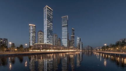 Obraz premium Modern illuminated skyscrapers border a calm waterway during twilight hours