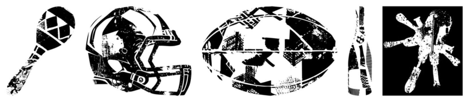 Stylized maraca, football helmet, rugby ball, champagne bottle, and snowboarder silhouette with gritty texture, vector art, sports memorabilia, athletic.