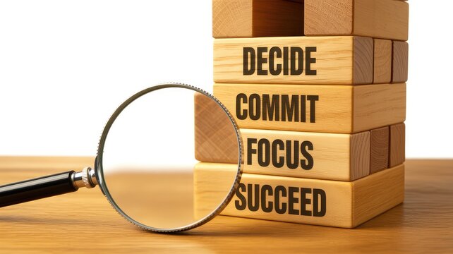 Magnifying glass examines stacked wooden blocks revealing key steps decide commit focus and succeed in business