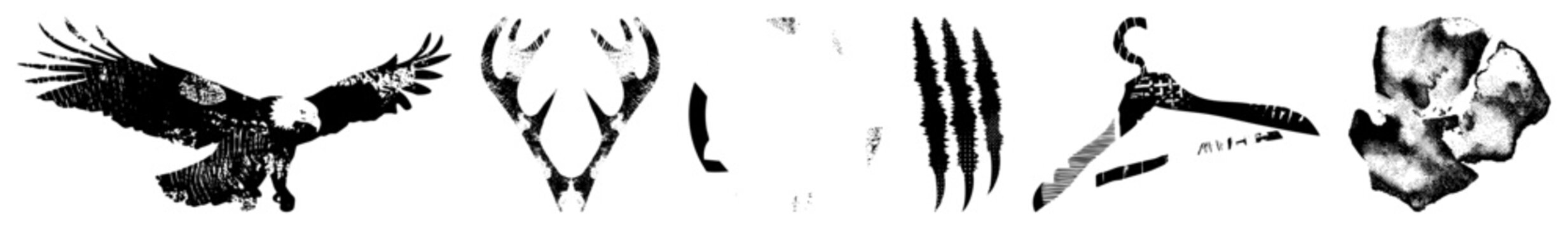 Vector silhouette of bald eagle in flight, deer antler shapes, claw scratch marks, clothes hanger, rugged stone texture all isolated cutout elements.