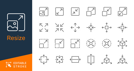 Resize thin line icon collection for scaling, expanding, adjusting, and transformation concept. Editable stroke. Pixel perfect. © Peacefully7