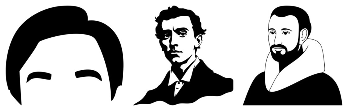 Vector busts of historical men, silhouette portraits, stylized historical figures, graphic illustrations, classical busts, engraved portraits, vintage.