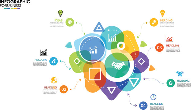 Colorful business infographic template vector with abstract shapes data charts icons and workflow elements for modern presentation design