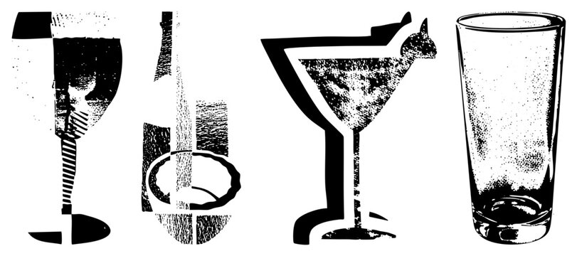 Classic cocktail glasses rendered in halftone style, including wine glass, bottle, martini glass with cat silhouette, and pint glass, all in vector art.