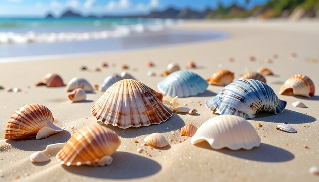 A serene beach scene with seashells on the sand