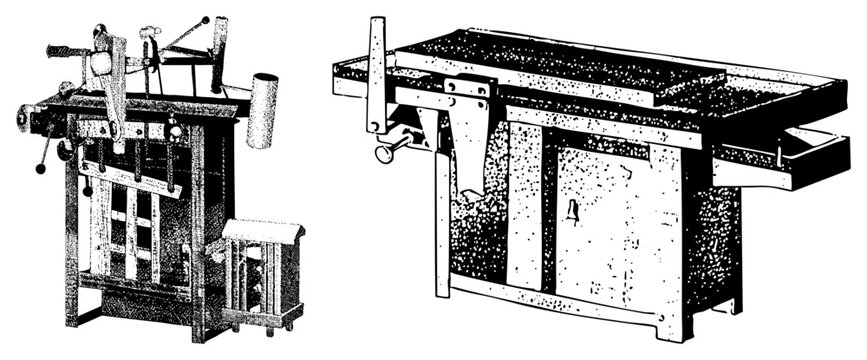 Antique woodworking tools including a press and planer, classic workshop equipment, early 20th century design, hand cranked mechanical systems, carpentry machinery.