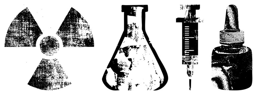 Scientific hazard, chemistry beaker, medical injection tool, reagent container, lab equipment, medical supplies, distressed texture graphic.