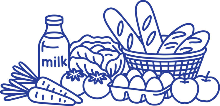 Hand-drawn grocery line art vector illustration featuring milk bottle bread basket eggs carrots tomatoes cabbage and apples for healthy shopping.