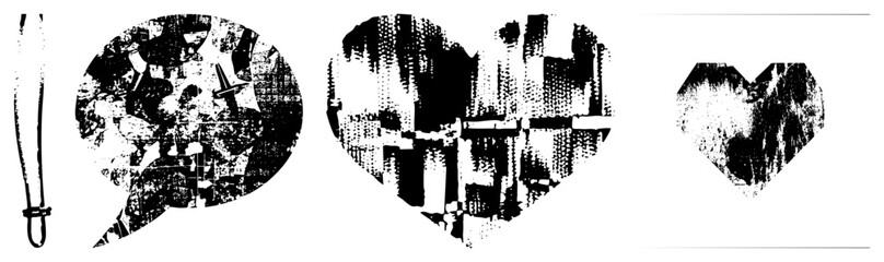 Obraz premium Graphic vector shapes filled with gritty cityscape fragments, urban collage texture, halftone aesthetic, isolated design elements, modern art composition, urban motifs.