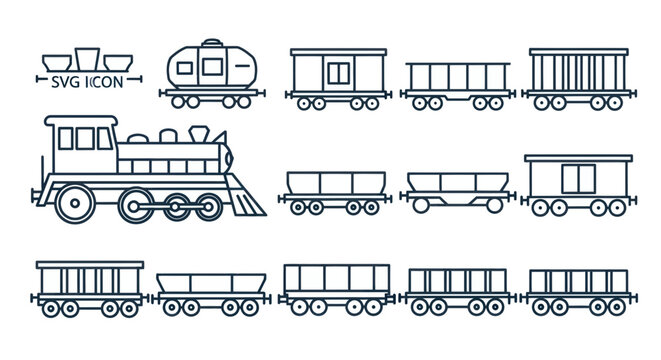 Vintage Train and Wagons Line Art Icon Set - Vector Illustration