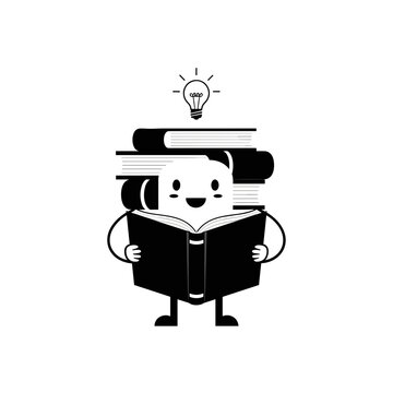 Smiling cartoon character reading book.