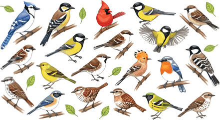 Colorful garden birds vector illustration set with various species perched on branches in detailed hand drawn natural style © MDShahin