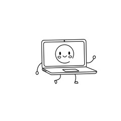 Smiling cartoon laptop with happy face. © Pengki