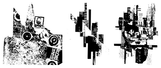 Obraz premium Fragmented urban with geometric shapes, halftone textures, and stark black and white contrast, vector art, graphic design element.