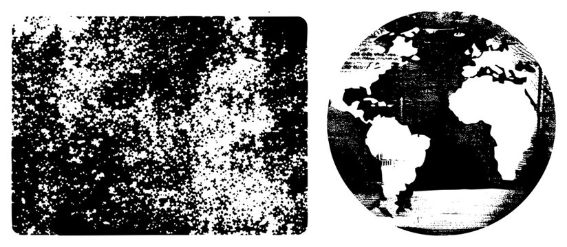 Black and white halftone textured rectangle and circular globe map, graphic design elements, vector illustration, global representation, distressed aesthetic.