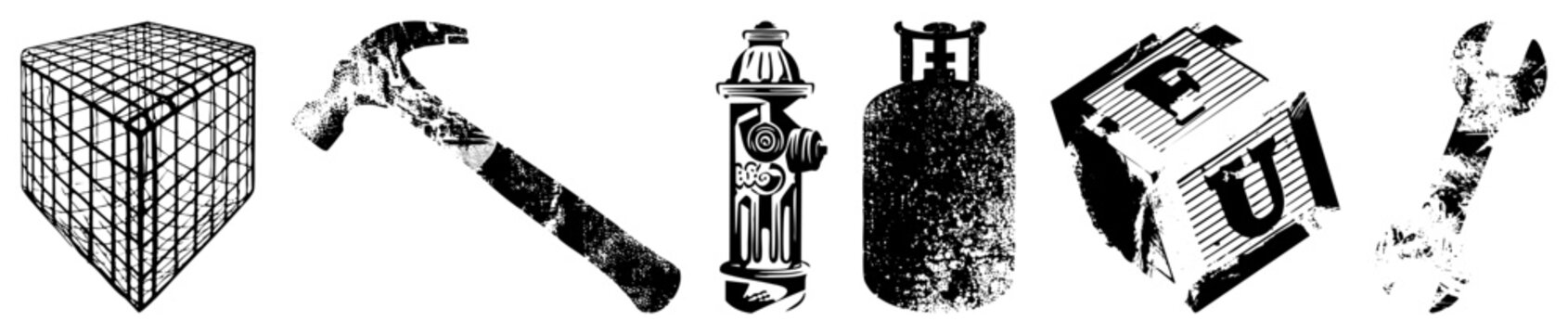 Rustic, distressed vector of tools and urban gear including hammer, wrench, fire hydrant, gas tank, and cube with letters ideal for repair, DIY, or construction themes.