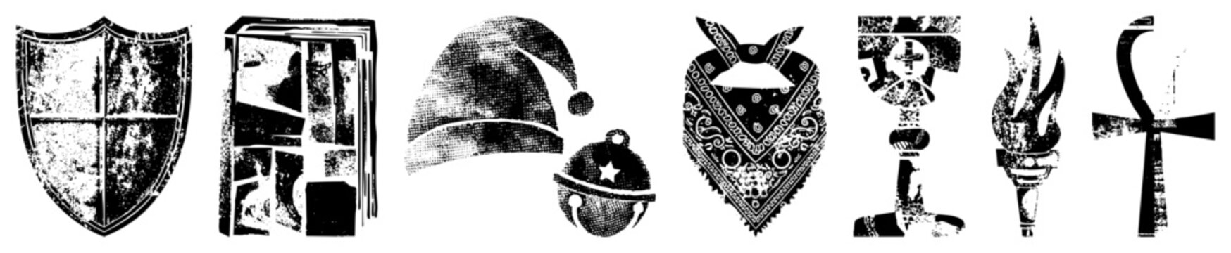 Grungy shield, ancient tome, Santa hat with ornament, bandana, ceremonial goblet, torch, ankh all in distressed vector art.