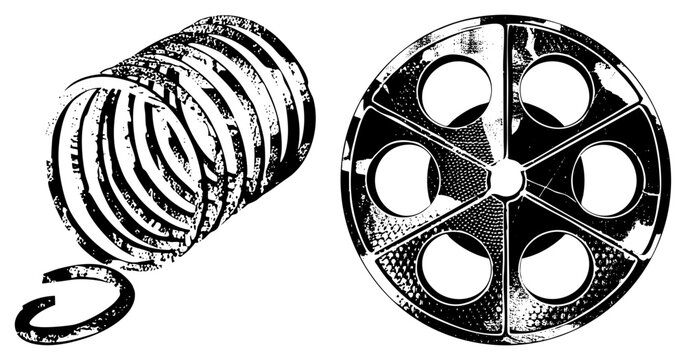 Film reel spinning with circular frames, cinema spool, motion film, celluloid reel, movie projector accessory, black and white graphic.
