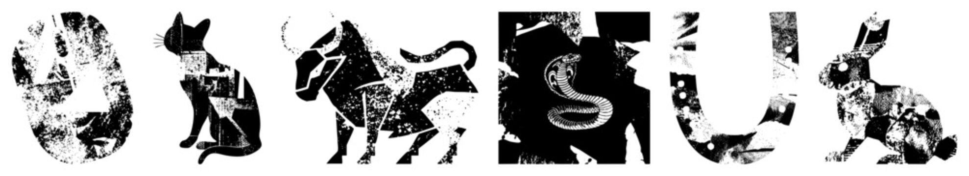 Black and white zodiac symbols with distressed halftone texture, astrological animals, horoscope signs, celestial creatures, symbolic figures.