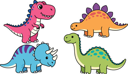 Cute Cartoon Dinosaur Collection Featuring Pink Tyrannosaurus Rex Orange Stegosaurus Blue Triceratops and Green Brachiosaurus Isolated on White Background © Jakiatur