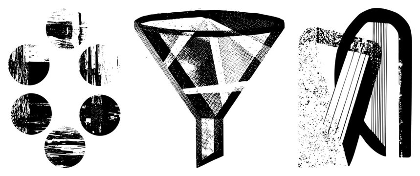 Stylized vector featuring circles, funnel, and harp like forms, rendered in halftone with glitch textures,, isolated design elements.