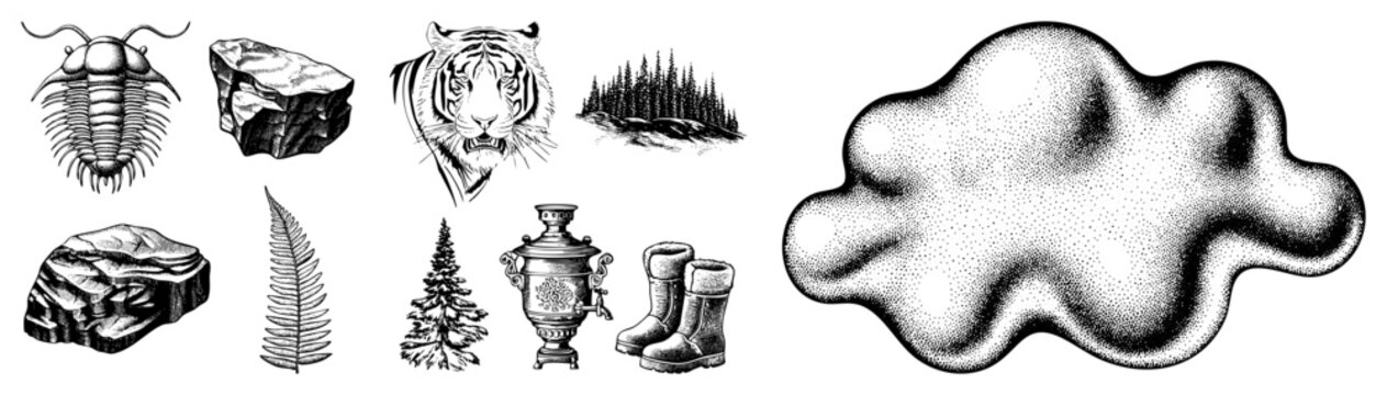 Classic black and white illustrations featuring tiger, trilobite, fern, samovar, boots, and forest scenes, rendered in halftone dotwork, ideal for graphic design or print.