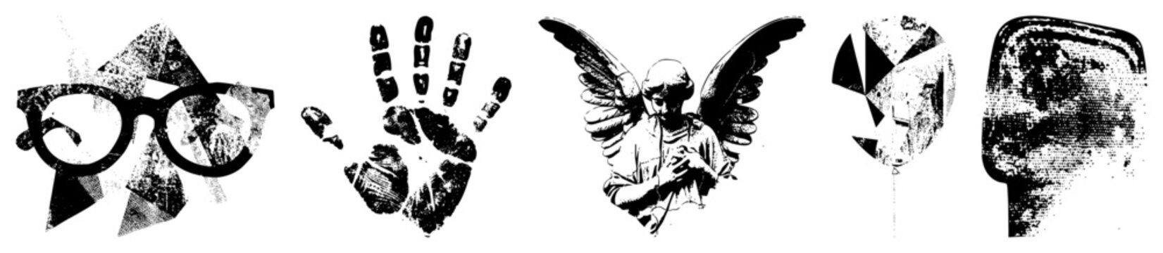 Stylized vector including glasses, handprint,, fragmented face, and abstract head all rendered with halftone and geometric fragmentation.